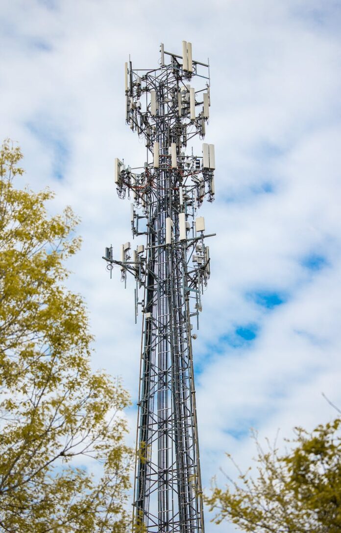 cell tower between trees under cloudy sky